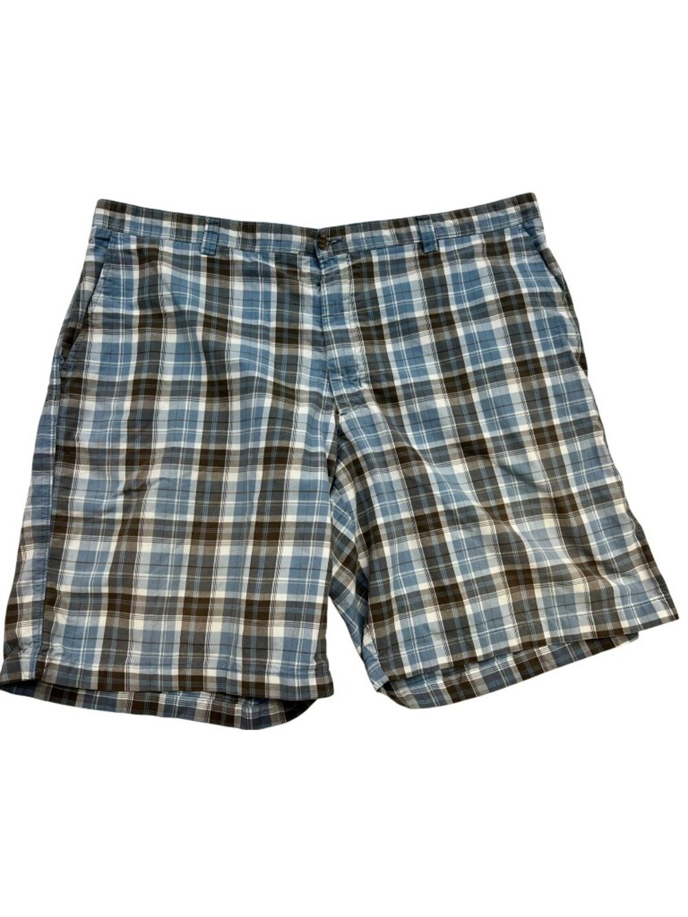Club Room Men's Cotton Chino Shorts Flat Front Size 44 Blue White Plaid Pockets